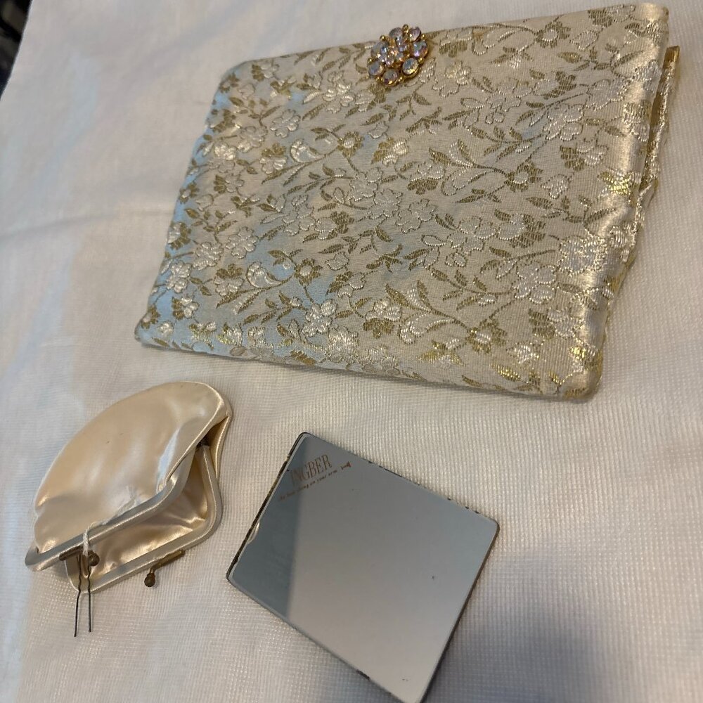 VINTAGE 1950s Ingber Gold Brocade Jeweled Clutch w Mirror Set - Picture 2 of 12